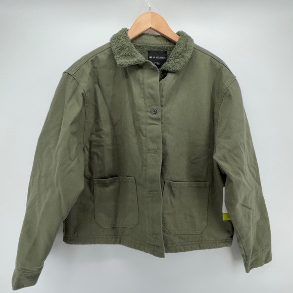 BP Wildfang Olive Green Faux Sherpa Collar‎ Lined Button Front Jacket Chore NEW - Picture 2 of 14